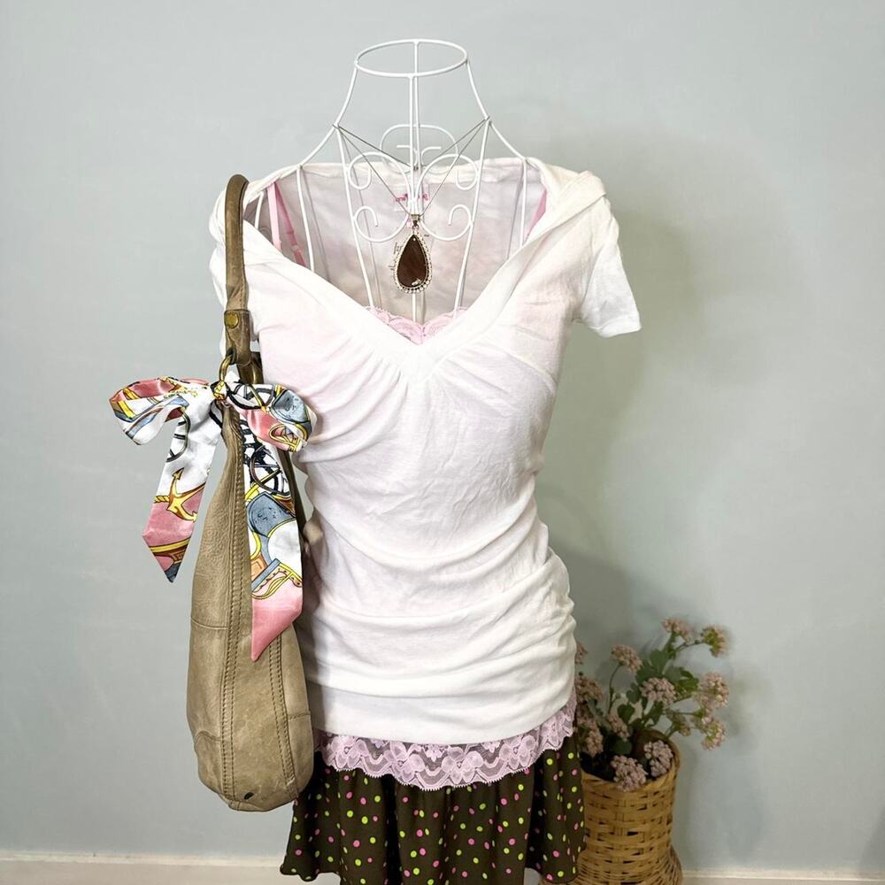 NWT Cute vintage y2k white tight short sleeve v neck hoodie top